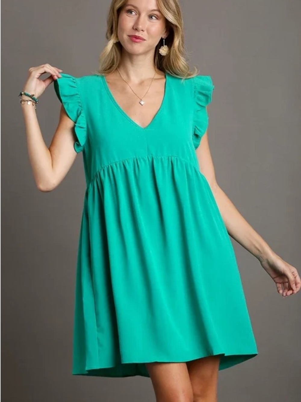 Umgee NWT v-neck ruffle sleeve baby doll mini dress boho preppy  coastal resort